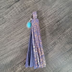 Leather Tassel Fringe key ring violet rose gold turquoise pendant